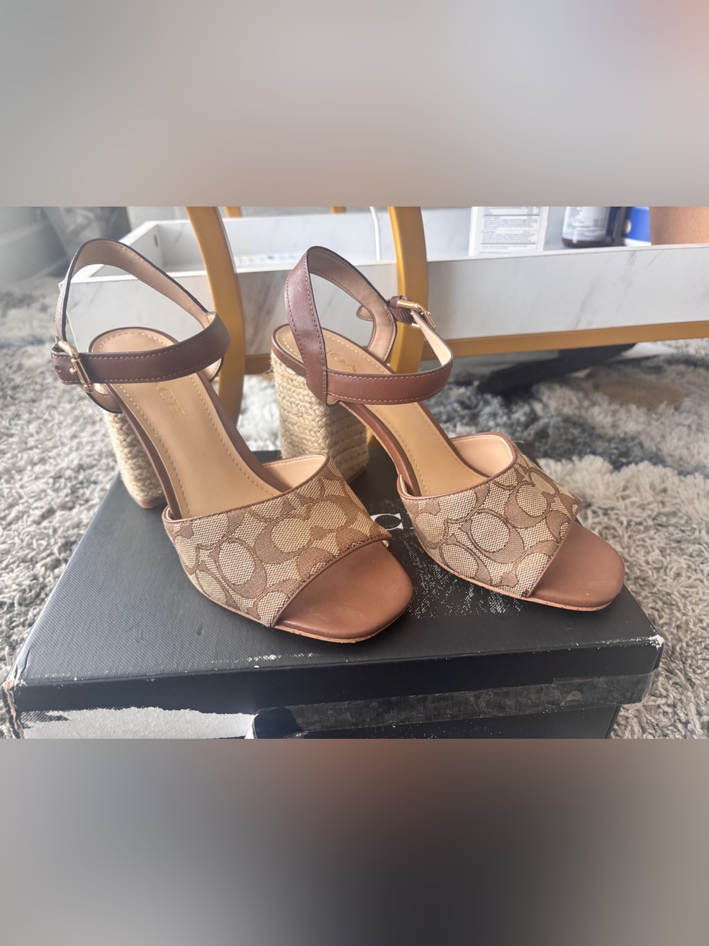 Coach Brown Signature Canvas Espadrille Block Heel Sandals